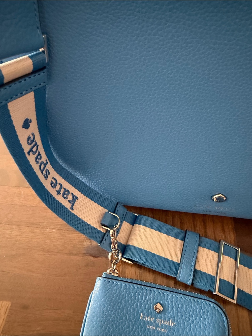kate spade Bright Blue Pebbled Leather Shoulder Bag with Stripe Strap - Picture 3 of 8